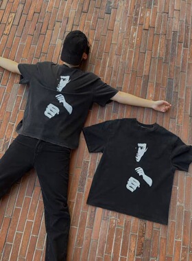 李小龙人像水洗做旧短袖白墨直喷印花vintage高街复古半袖t恤男女