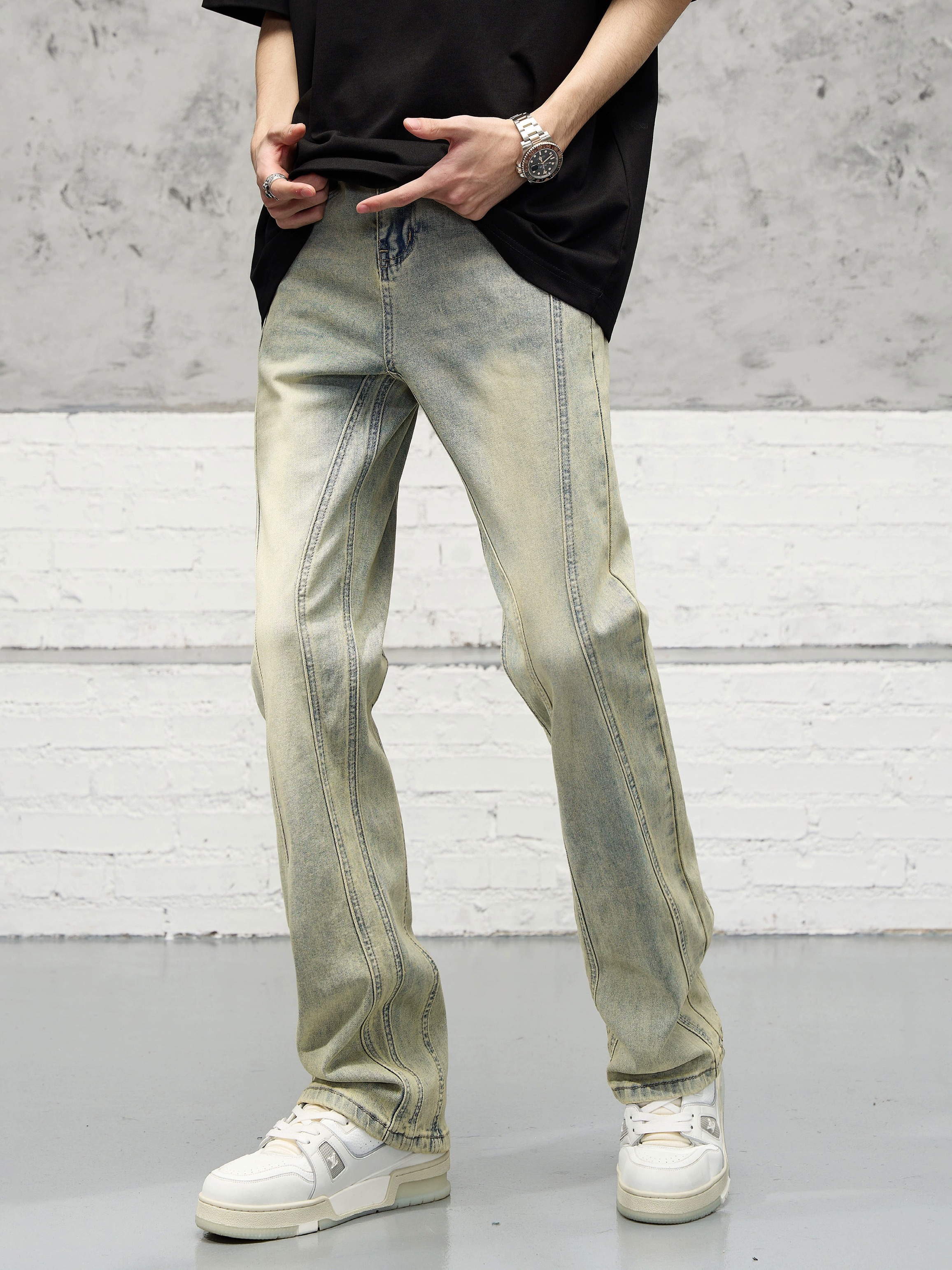 GOFB美式黄泥染微喇叭牛仔裤明辑线车工拼接复古小众hiphop裤子男