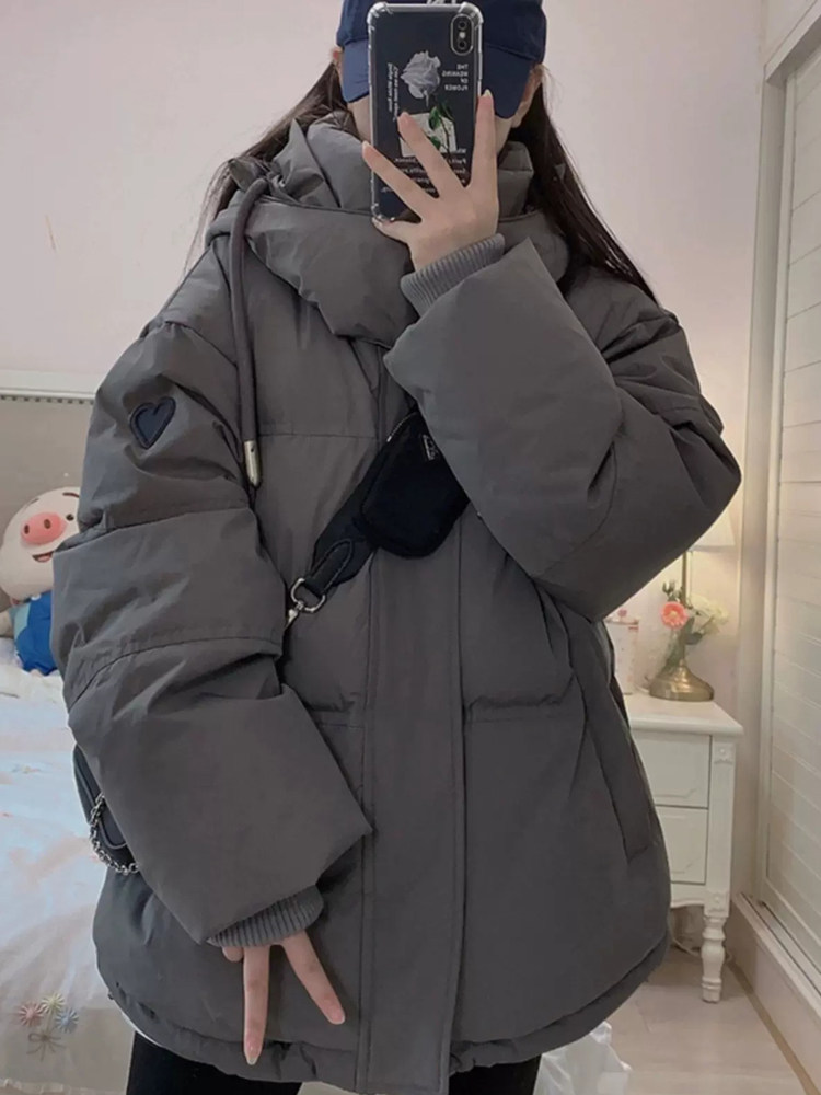 Extremely good-looking gray down jacket for women, winter Korean style loose and thickened padded coat, medium-long with a hood