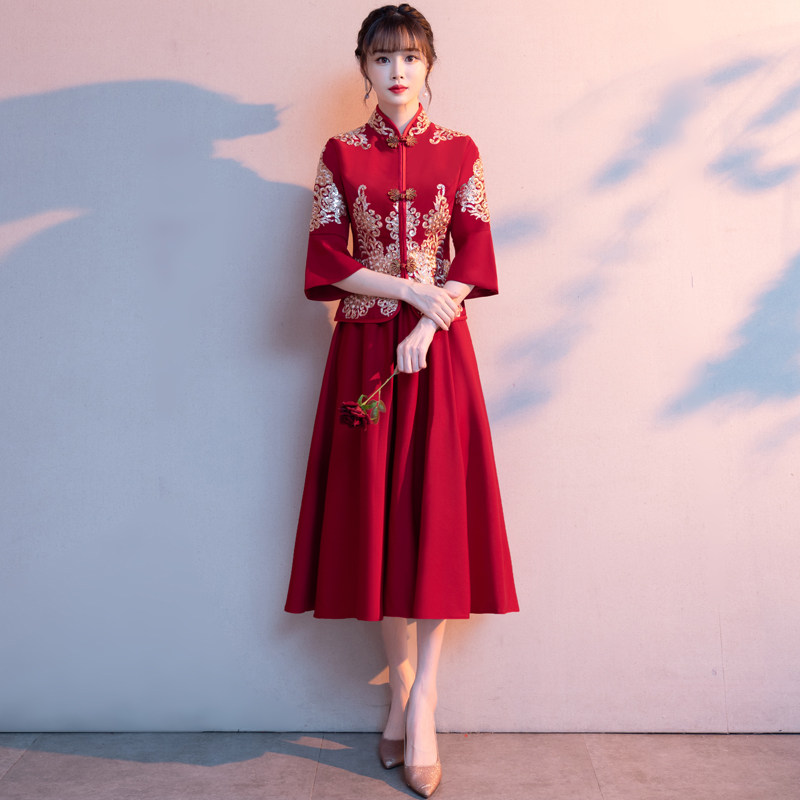 旗袍敬酒服新娘2021新款中式订婚小个子红色回门秋冬季结婚礼服女