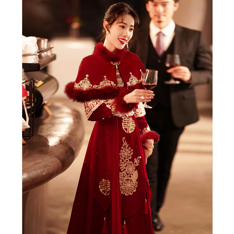 敬酒服新娘2021新款冬季旗袍长袖结婚礼服中式加厚红色回门秀禾服