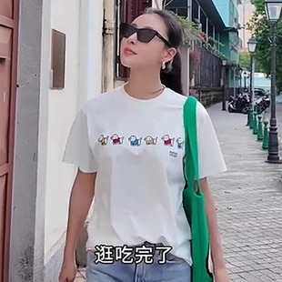 T恤女宽松百搭上衣女 唐嫣时简同款 2025新款 夏季 白色卡通印花短袖