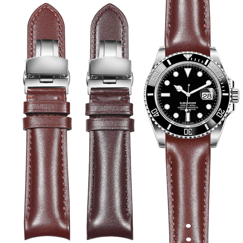 适用劳力士手表带真皮迪通拿绿黑水鬼游艇男女士弯头弧形表带20mm