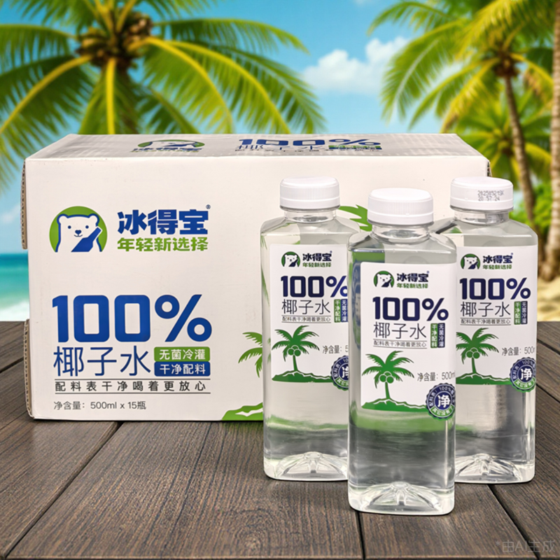 冰得宝100%椰子水椰汁纯果汁原味饮料零添加饮品500ml*15瓶整箱
