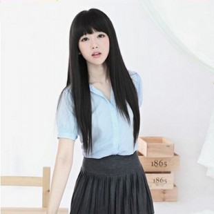 伪娘风韩国齐刘海长直发