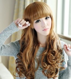 t7进口高温丝男女假发伪娘CDTS变装甜美时尚气质斜齐刘海长卷发网