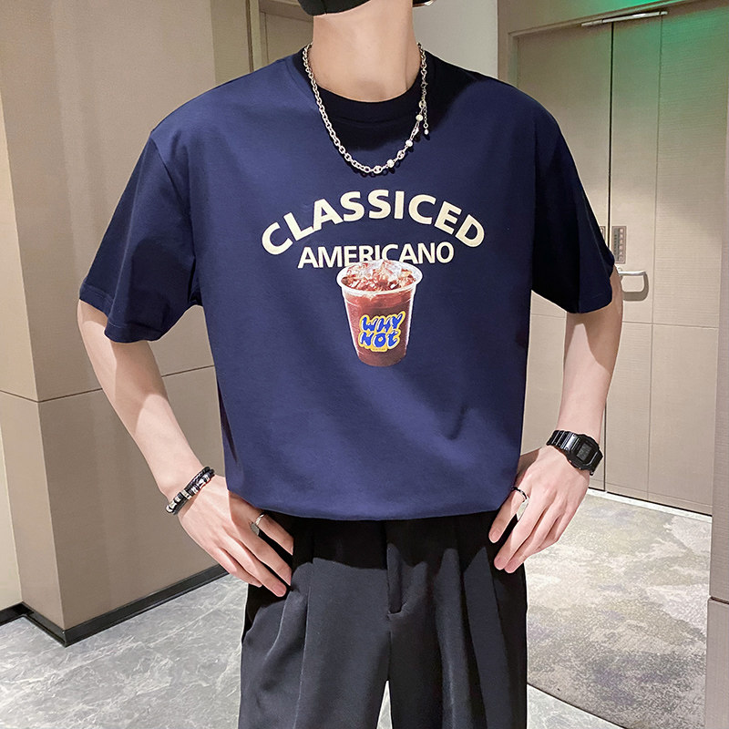 社会轻奢高品质纯色潮牌印花咖啡痞帅T恤上衣B297-232-P48控68图片