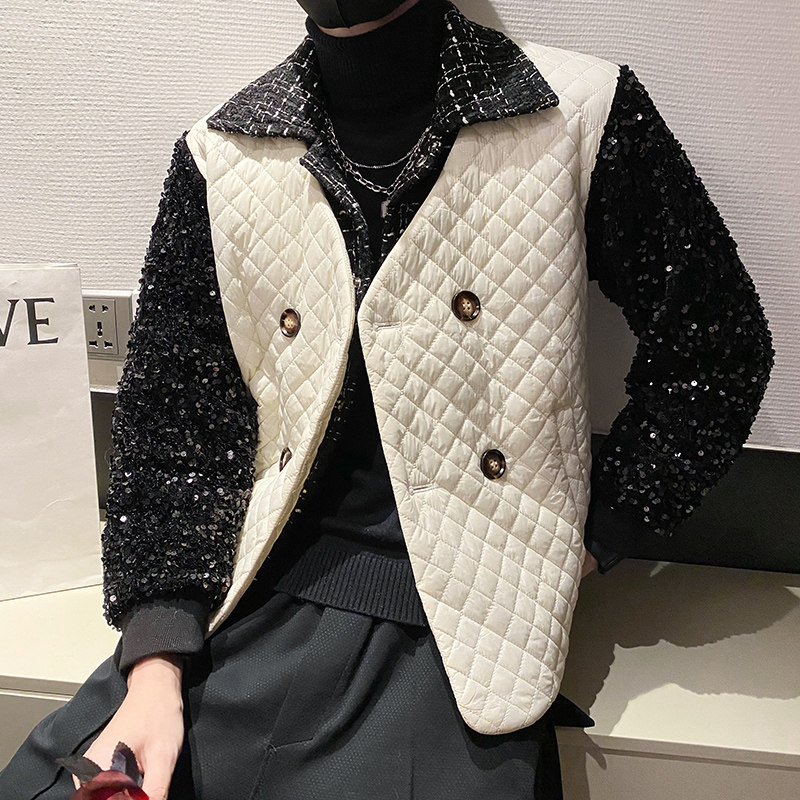 社会轻奢风纯色假两件拼接亮片西装领衣B297-7753-P135控178,男装棉衣,电商B297