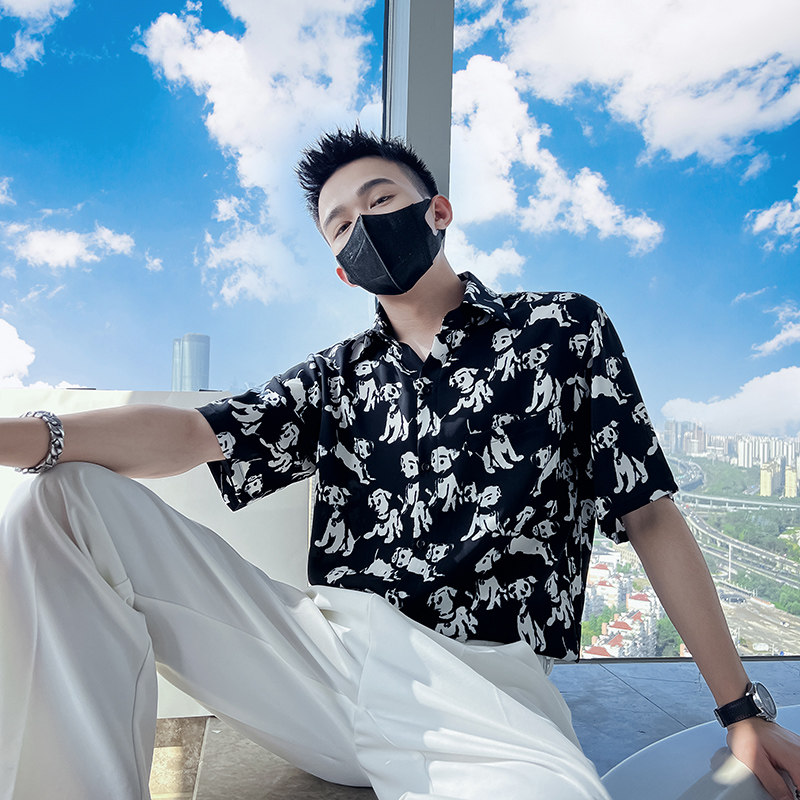 雅痞风流行宽松休闲小狗尖领花衬衫潮男B297-7783-P58控78,男装衬衫,电商B297