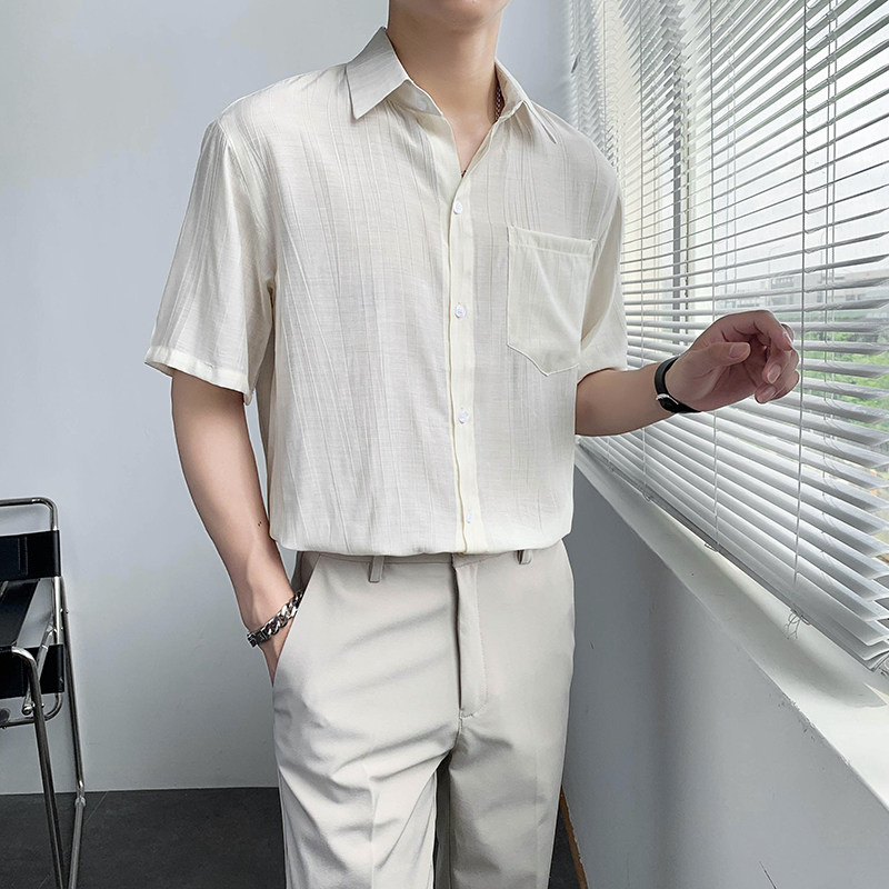 轻熟风纯色短袖免烫宽松休闲尖领衬衫B297-7787-P58控78,男装衬衫,电商B297