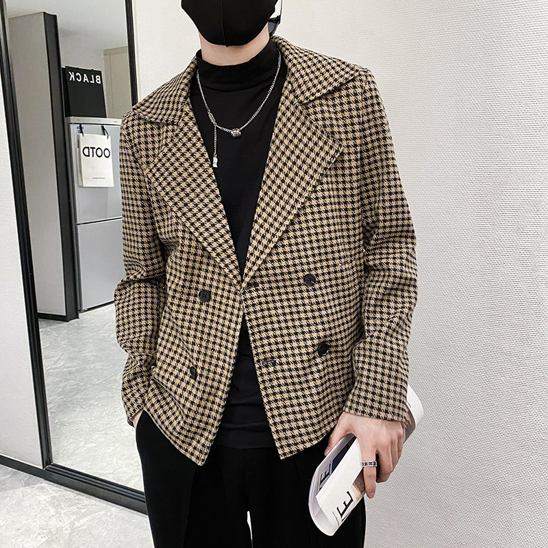社会轻奢春秋千鸟格亮珠西装领双排扣夹克外套B297-7767-P98控138图片