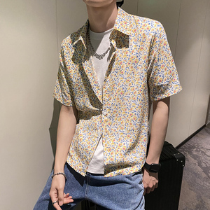 社会轻奢小碎花休闲修身流行夏季短袖衬衫痞帅B297-7777-P53控78
