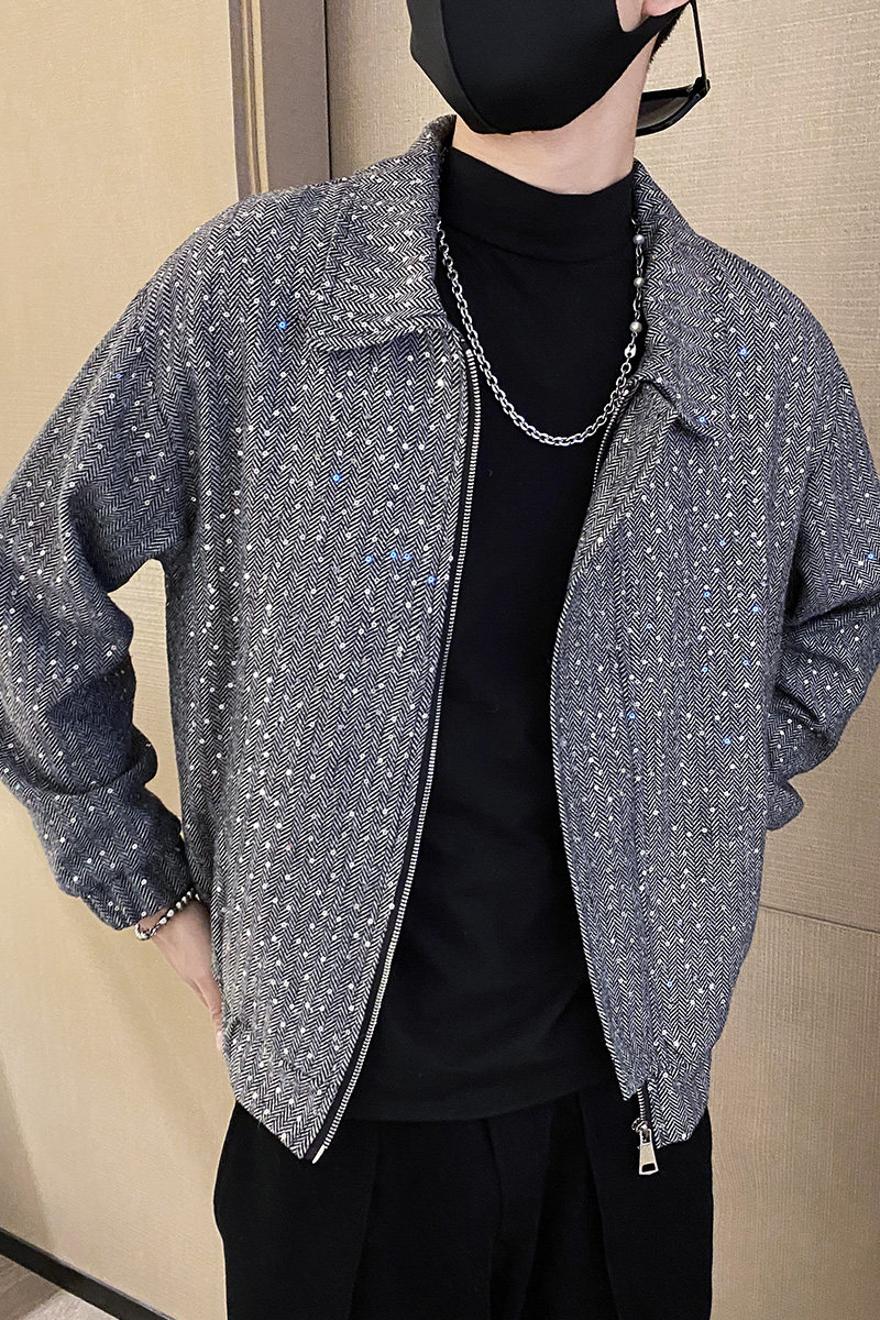 社会风人字尼亮片大翻领修身夹克外套B297-7762-P110控148,男装夹克,电商B297