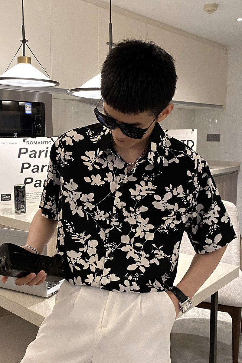 社会风夏季碎花沙滩短袖宽松衬衫B297-7733-P58控78,男装衬衫,电商B297