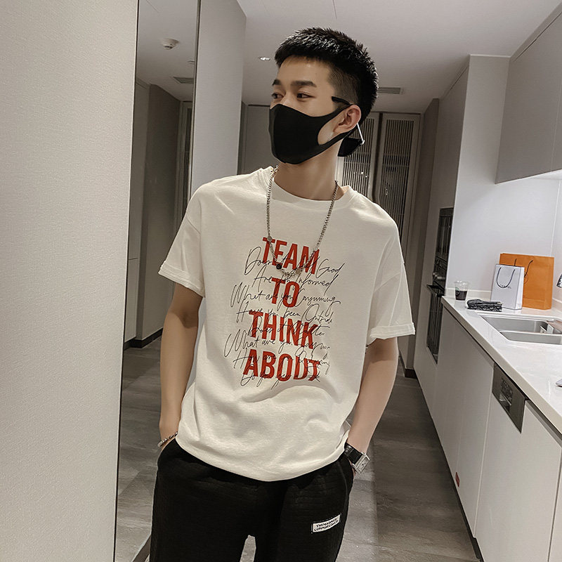 社会风纯色字母印花宽松T恤潮男B297-155-P35控58图片