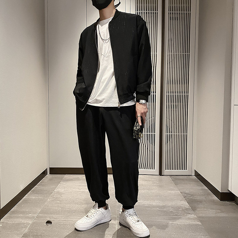 雅痞风纯色亮丝棒球领休闲套装B297-7708-特P110控165图片