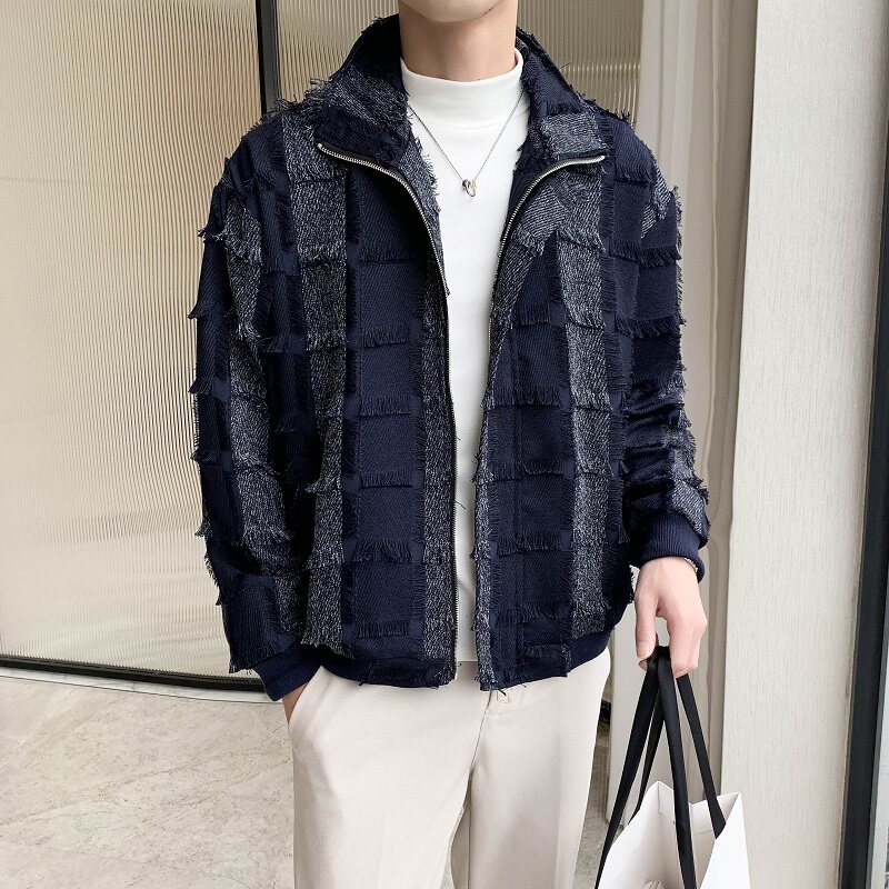 轻熟风春装现货格子拼接乞丐装翻领夹克外套B297-7766-P115控158,男装夹克,电商B297