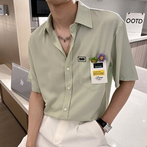 社会风纯色贴标宽松短袖衬衫B297-7732-P58控78图片