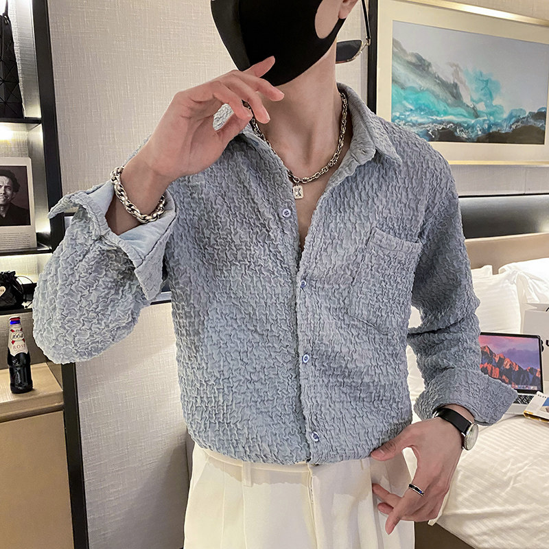 社会轻奢纯色高品质提花宽松蝙蝠袖衬衫上衣B297-2311-P68控98,男装衬衫,电商B297