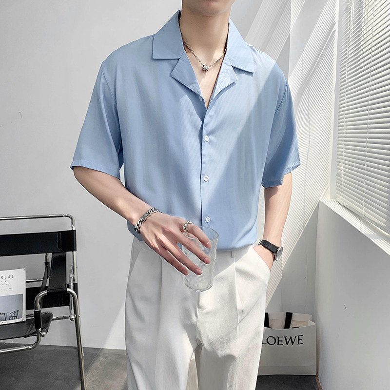 轻熟风宽松西装领纯色短袖休闲衬衫潮男B297-7730-P58控78,男装衬衫,电商B297