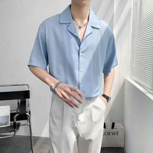 轻熟风宽松西装领纯色短袖休闲衬衫潮男B297-7730-P58控78图片