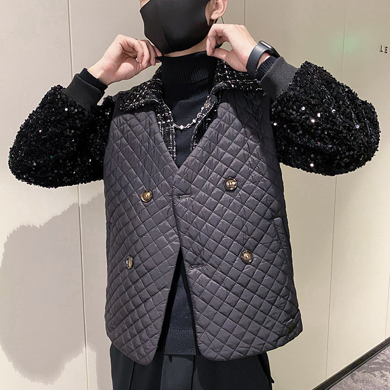 社会轻奢风纯色假两件拼接亮片西装领衣B297-7753-P135控178,男装棉衣,电商B297
