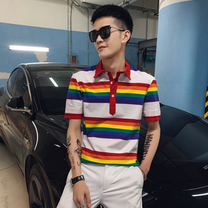 社会风彩虹假两件修身PoloT恤衫上衣B297-C07-P43控68图片
