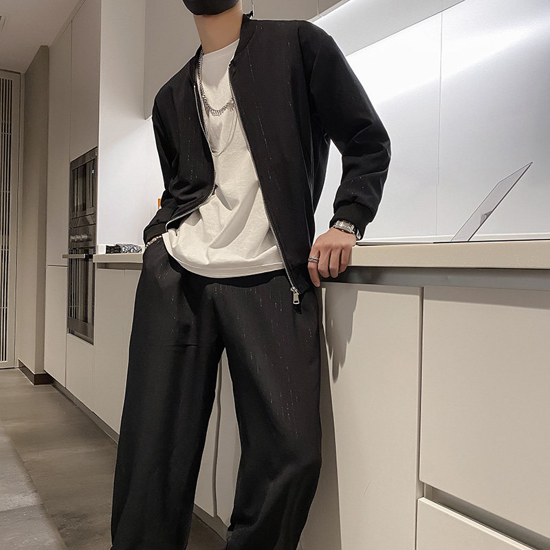 社会轻奢纯色亮丝棒球领休闲套装痞帅B297-7708-特P110控165图片