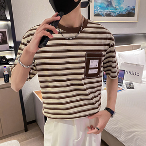 社会轻奢高品质条纹宽松T恤痞帅B297-253-P50控78图片