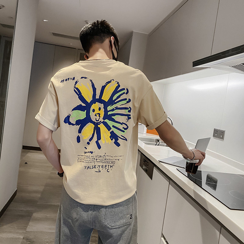 社会风纯色印花宽松圆领T恤上衣B297-153-P35控58图片