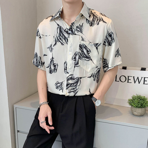 轻熟风宽松休闲碎花短袖尖领花衬衫上衣B297-7785-P58控78图片