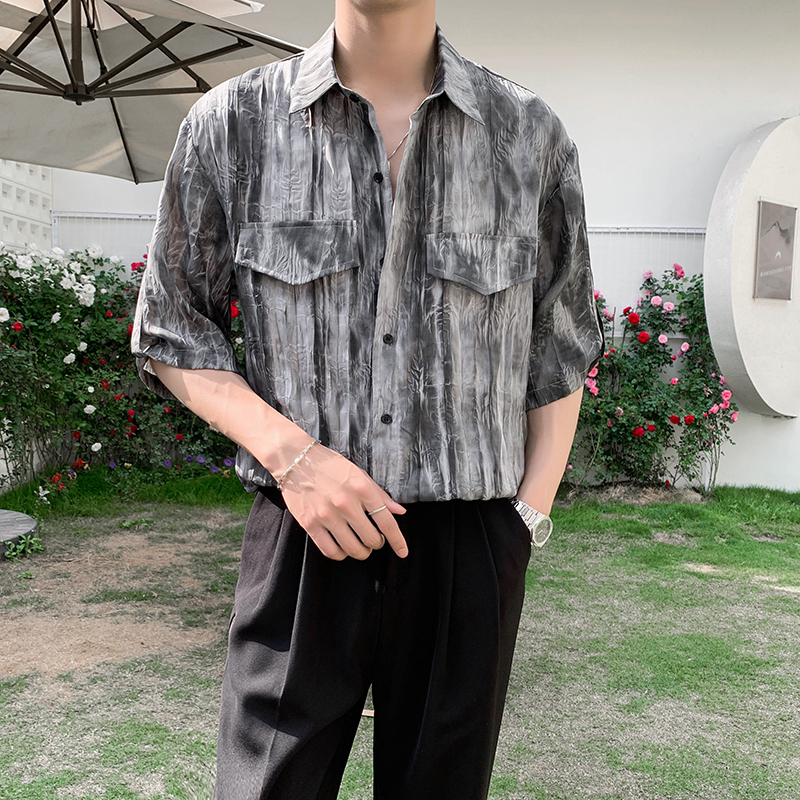 社会轻奢高级扎染宽松防晒半袖衬衫3B297-1820-P60，男装衬衫，电商B297