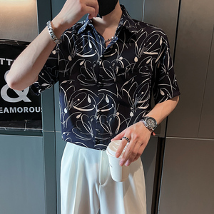 雅痞风免烫短袖宽松抽象印花尖领花衬衫上衣B297-7786-P58控78图片