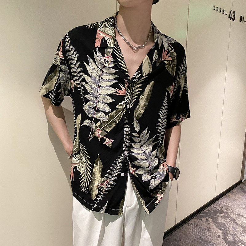 社会风翻领宽松休闲碎花花叶花衬衫B297-2205-P53控78，男装衬衫，电商B297