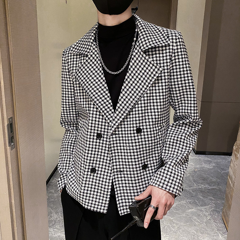 社会轻奢春秋千鸟格亮珠西装领双排扣夹克外套B297-7767-P98控138,男装夹克,电商B297