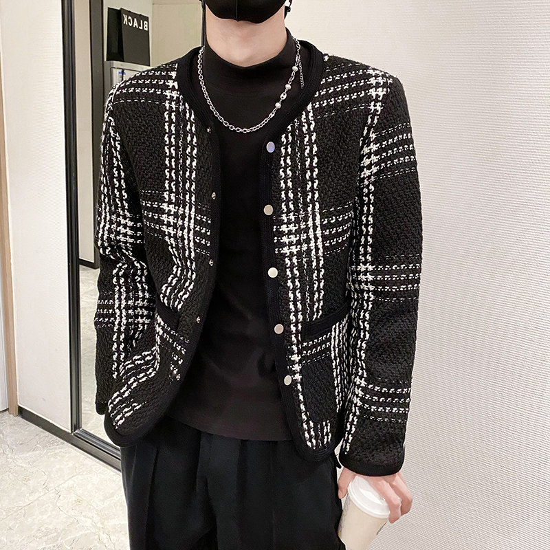 雅痞风纯色格子无领加厚纽扣衣B297-7758-P130控168图片