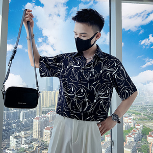 雅痞风免烫短袖宽松抽象印花尖领花衬衫潮男B297-7786-P58控78图片