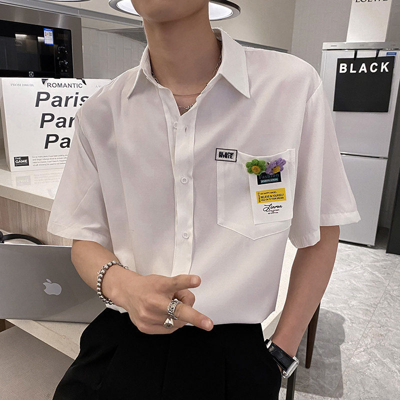 社会风纯色贴标宽松短袖衬衫潮男B297-7732-P58控78,男装衬衫,电商B297