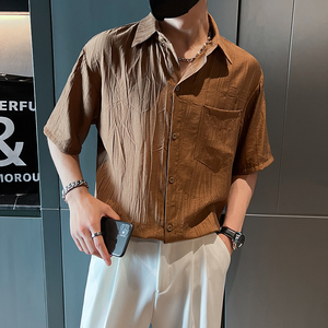 社会轻奢青春纯色宽松短袖休闲尖领衬衫B297-7787-P58控78图片