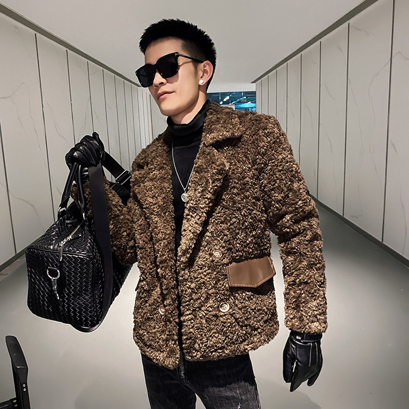 社会风纯色皮毛一体麂皮西装领泰迪毛棉衣B297-2818-P155控208,男装棉衣,电商B297