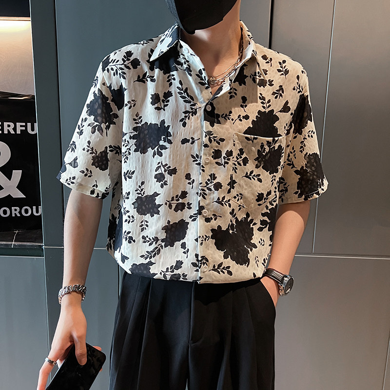 社会轻奢短袖流行宽松休闲尖领花痞帅衬衫B297-7782-P58控78,男装衬衫,电商B297