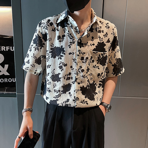 社会轻奢短袖流行宽松休闲尖领花痞帅衬衫B297-7782-P58控78图片