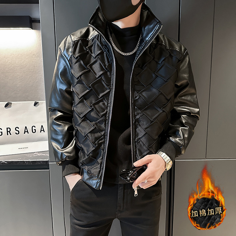 社会轻奢冬季纯色编织PU皮拼接修身加棉棉衣B297-1815-P145,男装棉衣,电商B297