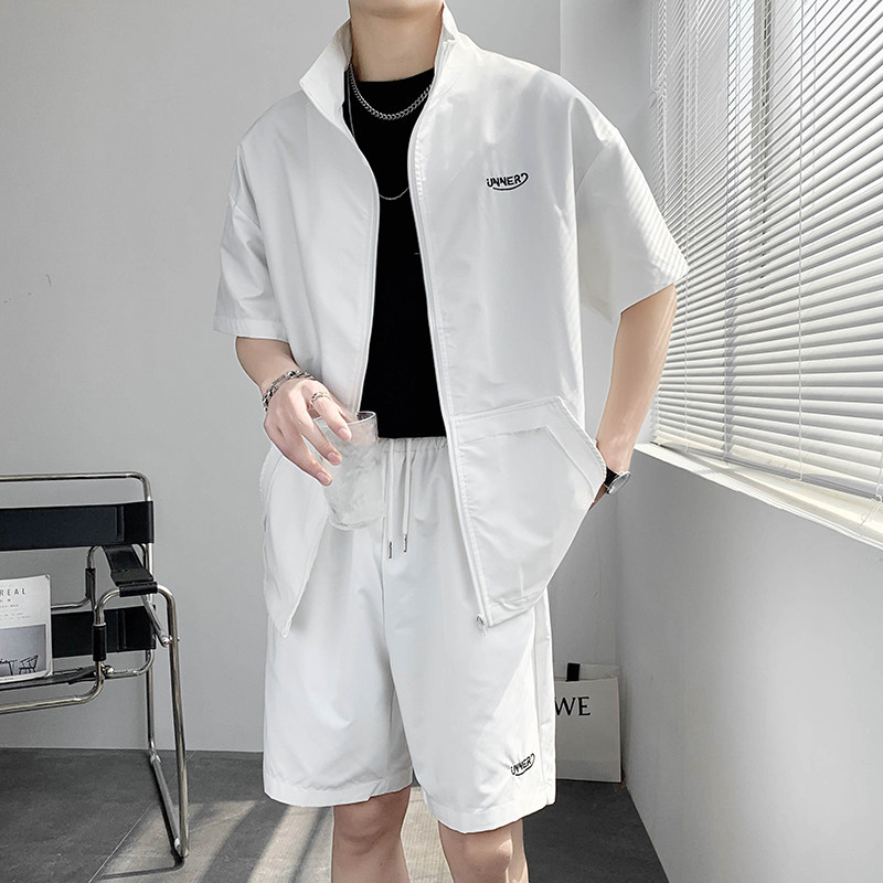 轻熟风纯色刺绣中袖短裤宽松两件套装痞帅B297-7727-P105控148图片