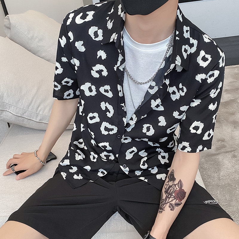 社会风夏纯色修身口红碎花衬衫上衣B297-7720-P53控78,男装衬衫,电商B297