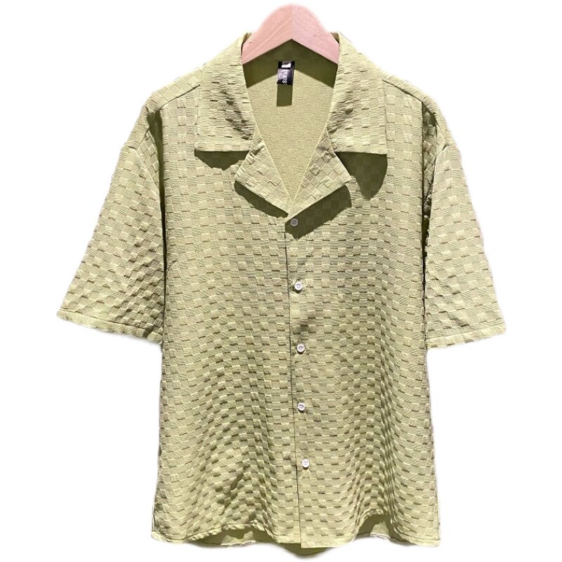 轻熟风纯色古巴领宽松格子衬衫潮牌B297-2313-P55控88,男装衬衫,电商B297