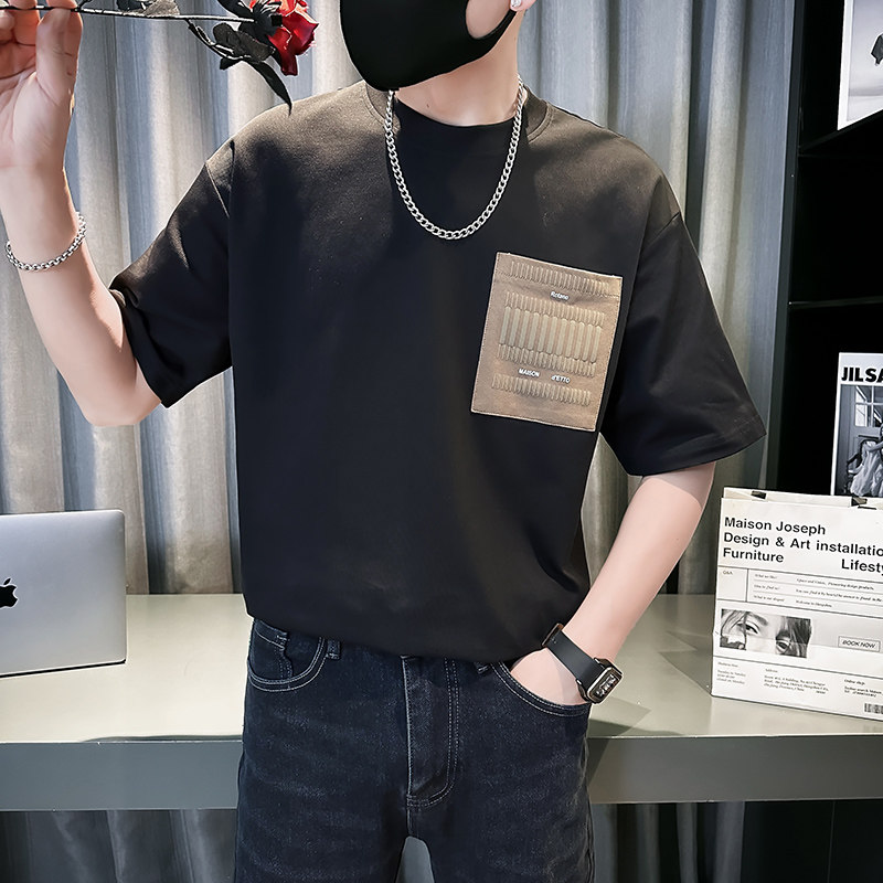 社会轻奢重磅纯色宽松痞帅撞色口袋T恤1 B297-319-P48图片