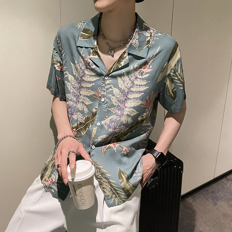 社会风翻领宽松休闲碎花花叶花衬衫上衣B297-2205-P53控78图片