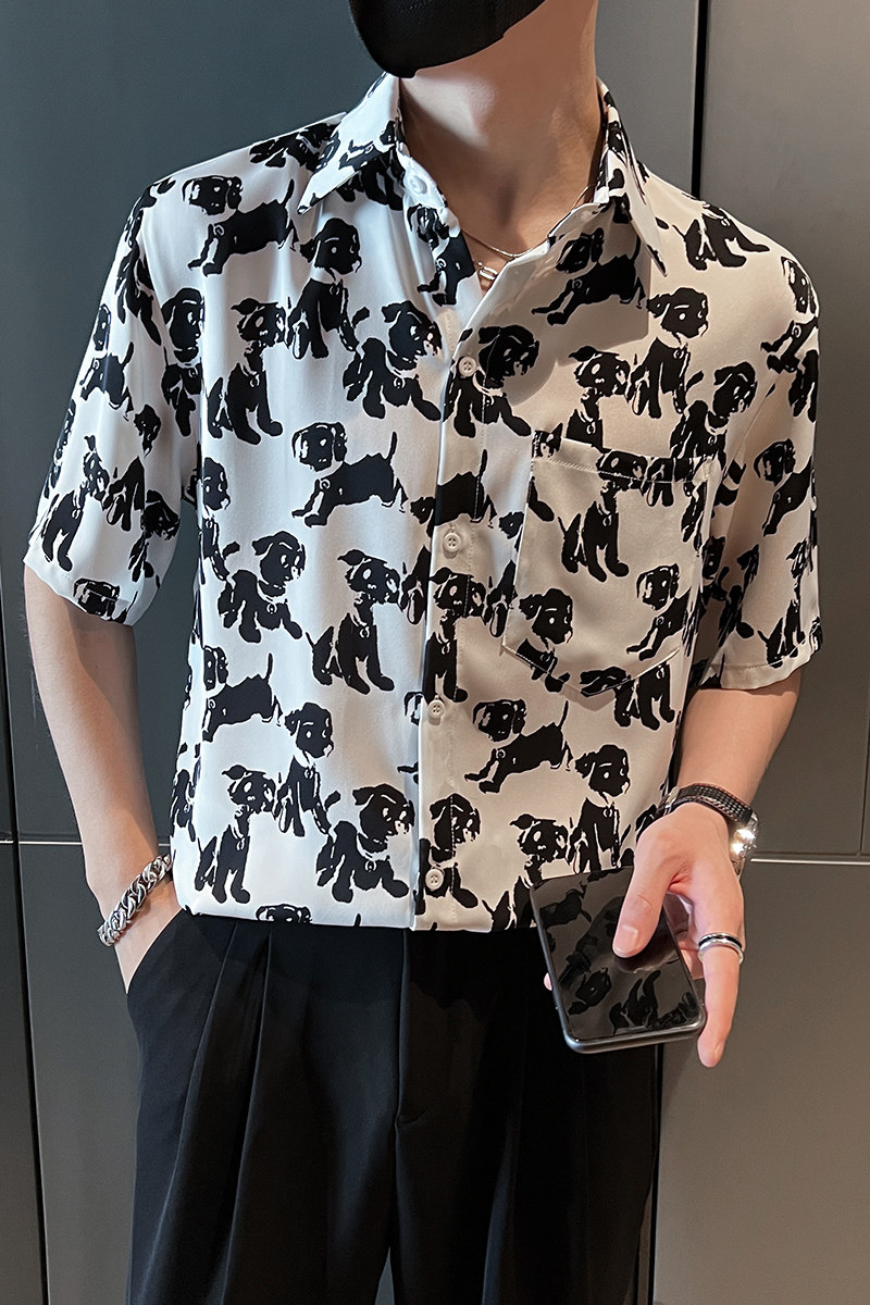 雅痞风流行宽松休闲小狗尖领花衬衫B297-7783-P58控78,男装衬衫,电商B297
