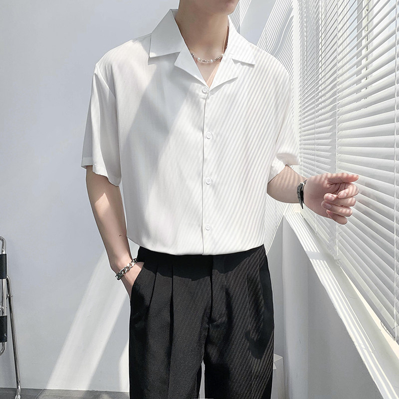 轻熟风宽松西装领纯色短袖休闲衬衫潮男B297-7730-P58控78,男装衬衫,电商B297